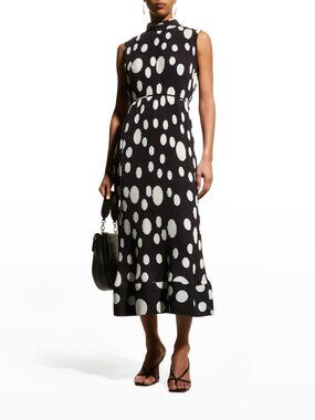 Milly Melina Sleeveless Belted Pleat Midi Dress Polka Dot
